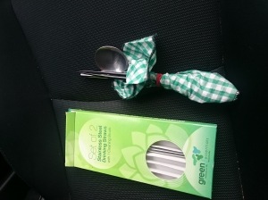 My zero waste eating out kit that lives in my handbag consists of a spoon, chopsticks, straw and napkin.