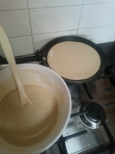 Making sourdough pancakes with my discarded starter.