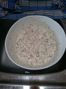 The dough after mixing the flour, leaven and seeds together.